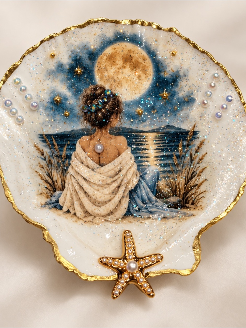 Hand-crafted Moonlit Sea Decorative Shell Plate - Blue & Gold